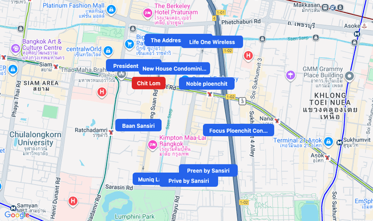 Screenshot of Chit Lom (BTS Sukhumvit (Green)) area showing nearby condos and landmarks in Bangkok
