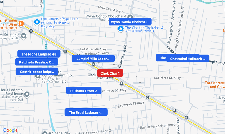 Screenshot of Chok Chai 4 (MRT Yellow) area showing nearby condos and landmarks in Bangkok