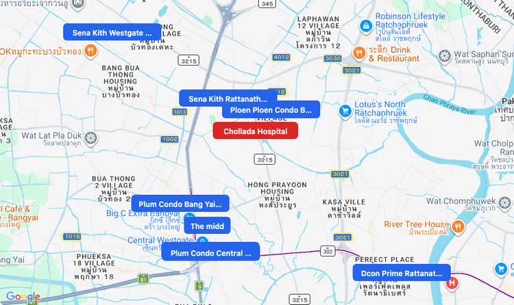 Screenshot of Chollada Hospital (hospital) area showing nearby condos and landmarks in Bangkok