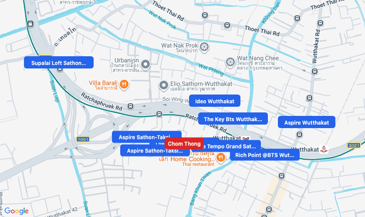 Screenshot of Chom Thong (area) area showing nearby condos and landmarks in Bangkok