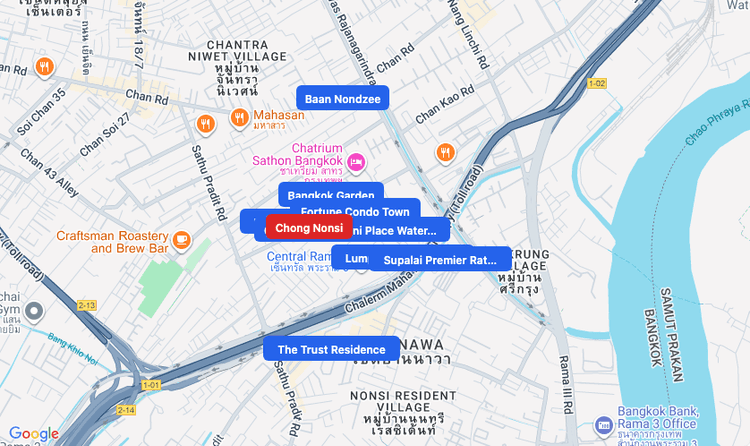 Screenshot of Chong Nonsi (area) area showing nearby condos and landmarks in Bangkok