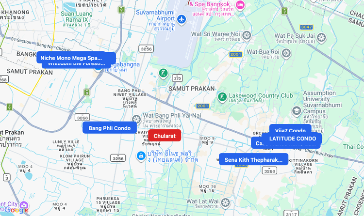 Screenshot of Chularat (hospital) area showing nearby condos and landmarks in Bangkok