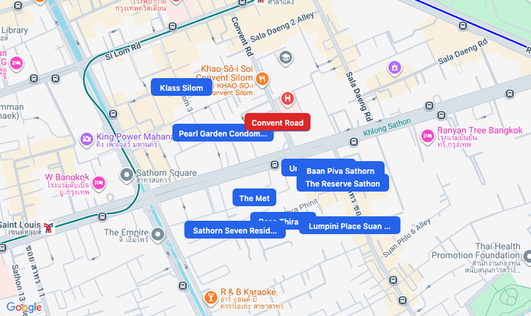 Screenshot of Convent Road (area) area showing nearby condos and landmarks in Bangkok