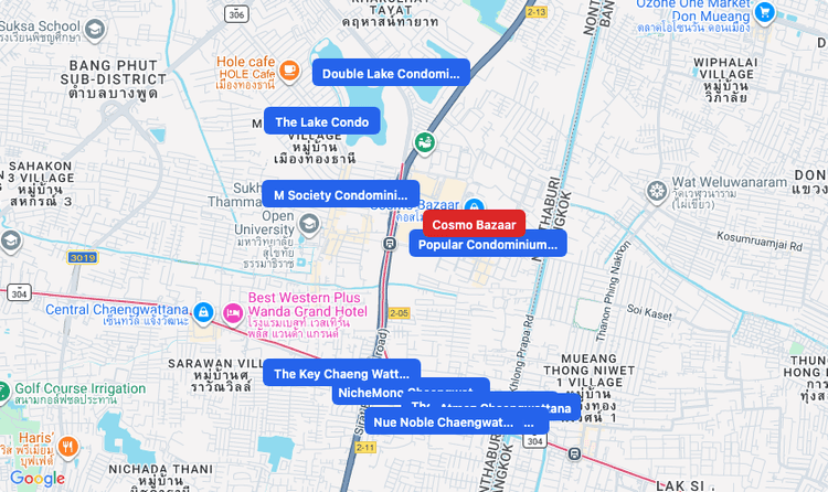 Screenshot of Cosmo Bazaar (shopping) area showing nearby condos and landmarks in Bangkok