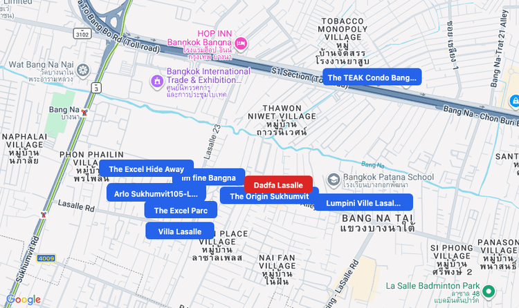 Screenshot of Dadfa Lasalle (shopping) area showing nearby condos and landmarks in Bangkok
