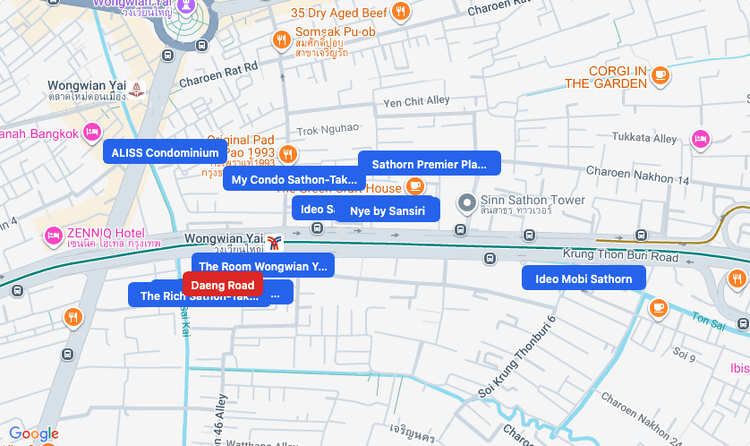 Screenshot of Daeng Road (area) area showing nearby condos and landmarks in Bangkok