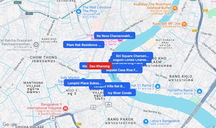 Screenshot of Dao Khanong (area) area showing nearby condos and landmarks in Bangkok