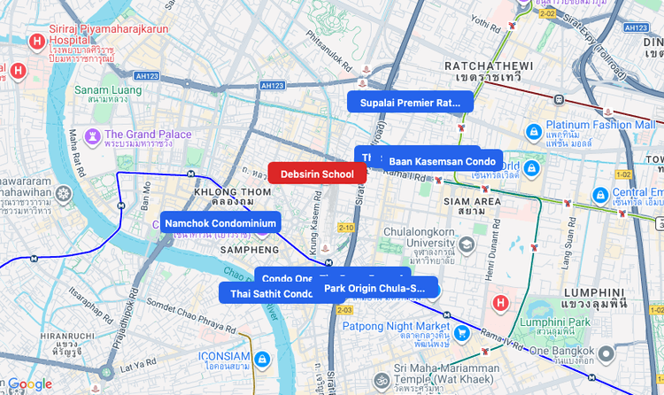 Screenshot of Debsirin School (school) area showing nearby condos and landmarks in Bangkok