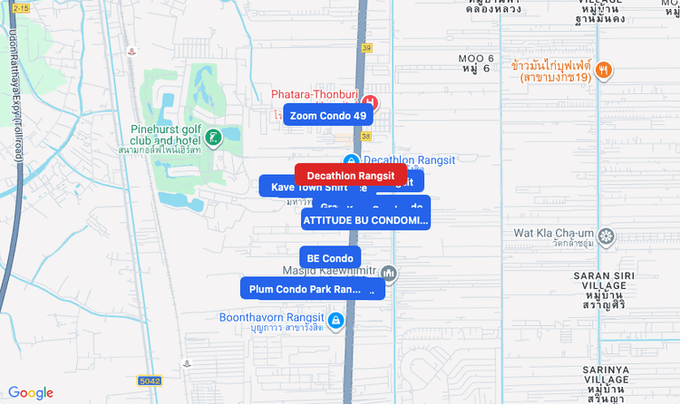 Screenshot of Decathlon Rangsit (shopping) area showing nearby condos and landmarks in Bangkok