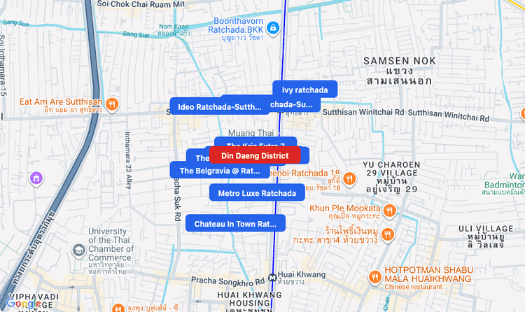 Screenshot of Din Daeng District (area) area showing nearby condos and landmarks in Bangkok