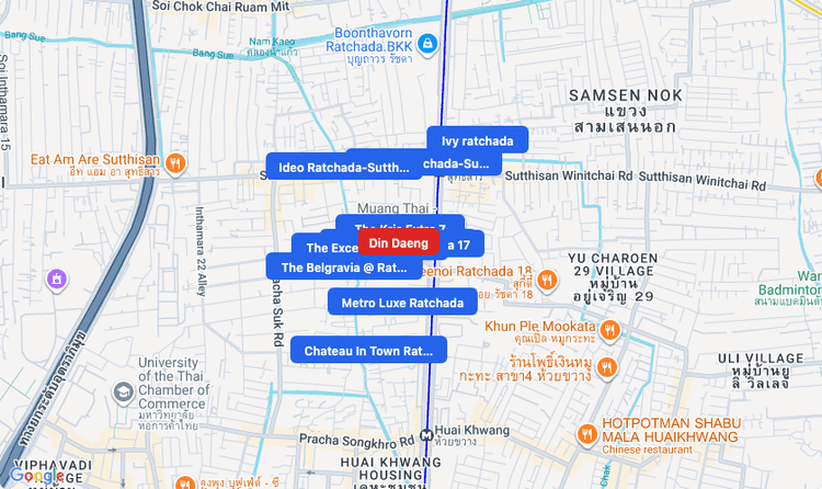 Screenshot of Din Daeng (area) area showing nearby condos and landmarks in Bangkok