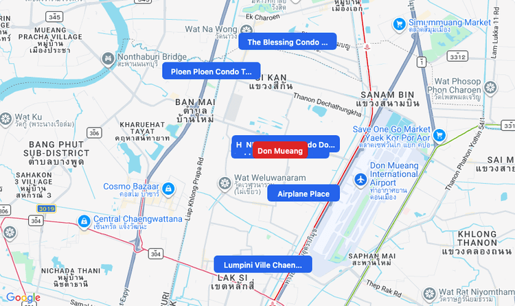 Screenshot of Don Mueang (area) area showing nearby condos and landmarks in Bangkok