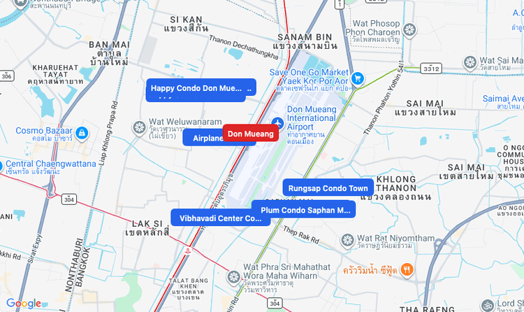 Screenshot of Don Mueang (SRT Red) area showing nearby condos and landmarks in Bangkok