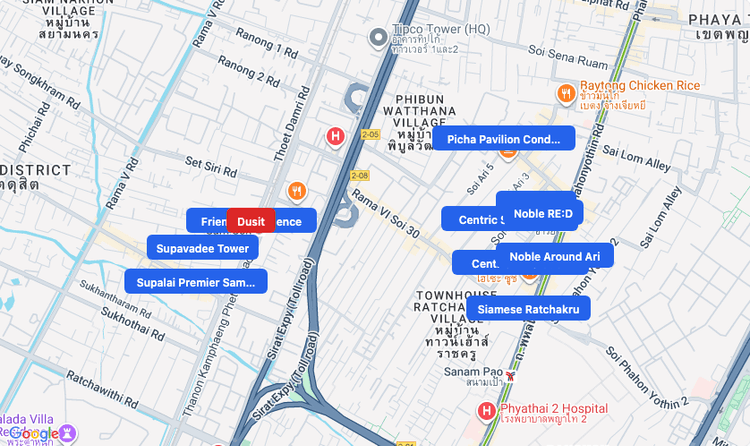 Screenshot of Dusit (area) area showing nearby condos and landmarks in Bangkok