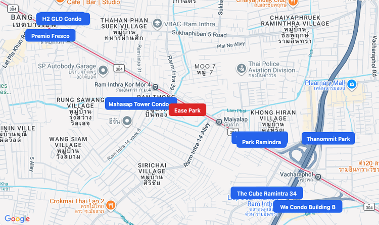 Screenshot of Ease Park (shopping) area showing nearby condos and landmarks in Bangkok