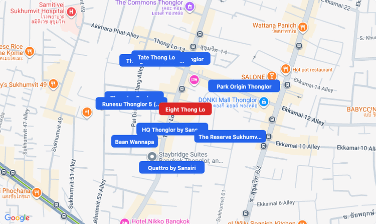 Screenshot of Eight Thong Lo (shopping) area showing nearby condos and landmarks in Bangkok