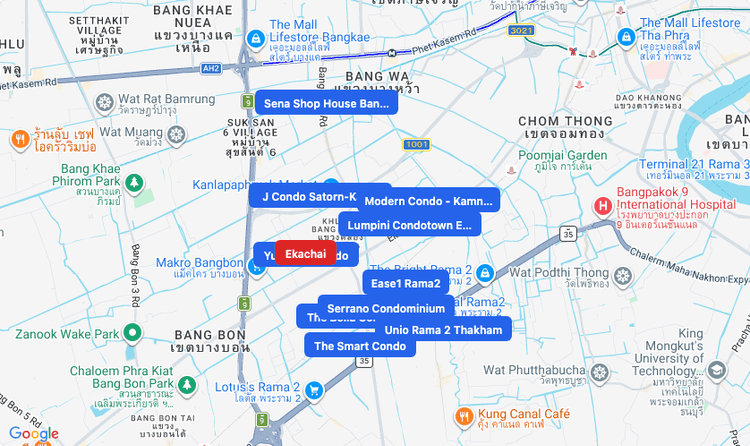 Screenshot of Ekachai (area) area showing nearby condos and landmarks in Bangkok
