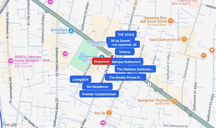 Screenshot of Emporium (shopping) area showing nearby condos and landmarks in Bangkok
