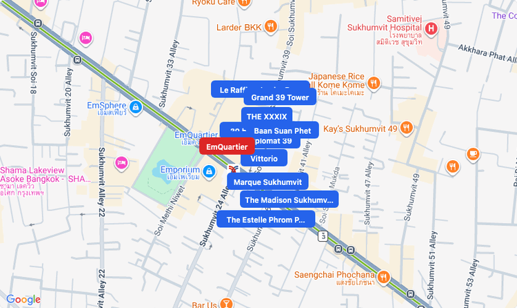 Screenshot of EmQuartier (shopping) area showing nearby condos and landmarks in Bangkok