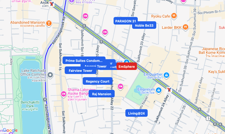 Screenshot of EmSphere (shopping) area showing nearby condos and landmarks in Bangkok