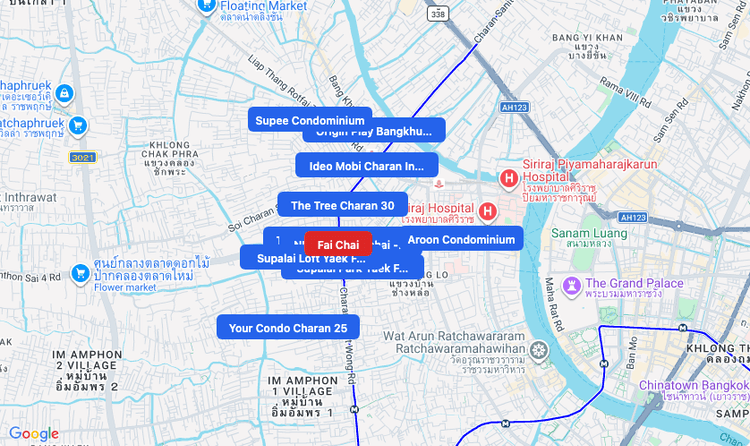 Screenshot of Fai Chai (MRT Blue) area showing nearby condos and landmarks in Bangkok