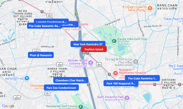 Screenshot of Fashion Island (shopping) area showing nearby condos and landmarks in Bangkok