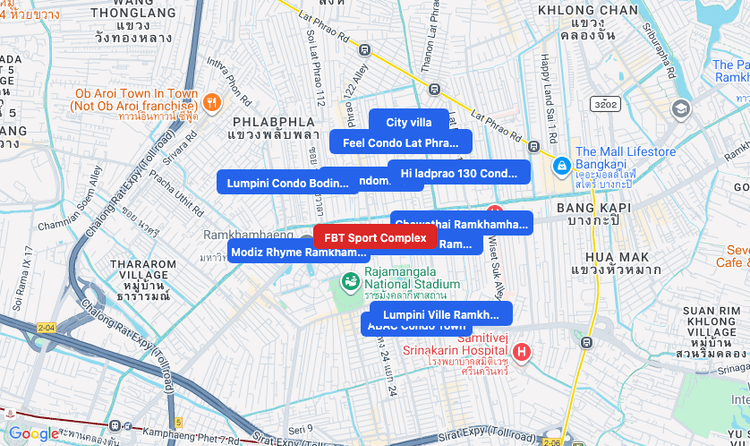Screenshot of FBT Sport Complex (shopping) area showing nearby condos and landmarks in Bangkok