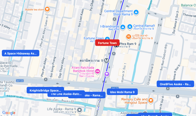 Screenshot of Fortune Town (shopping) area showing nearby condos and landmarks in Bangkok