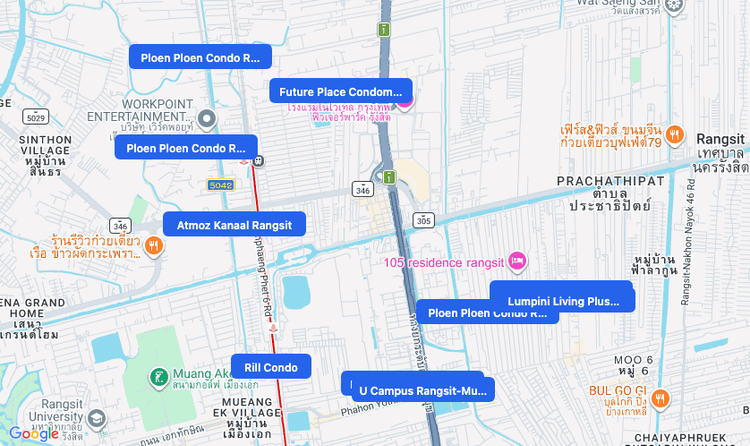 Screenshot of Future Park & Zpell (shopping) area showing nearby condos and landmarks in Bangkok