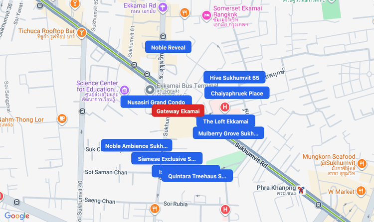 Screenshot of Gateway Ekamai (shopping) area showing nearby condos and landmarks in Bangkok