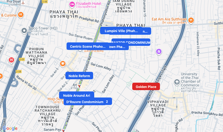 Screenshot of Golden Place (supermarket) area showing nearby condos and landmarks in Bangkok