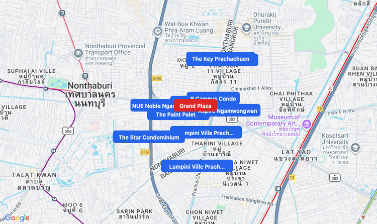 Screenshot of Grand Plaza (shopping) area showing nearby condos and landmarks in Bangkok