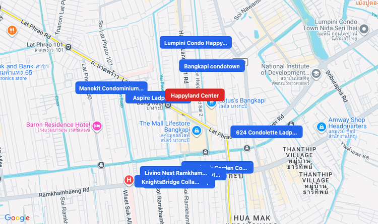 Screenshot of Happyland Center (shopping) area showing nearby condos and landmarks in Bangkok