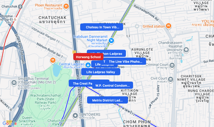Screenshot of Horwang School (school) area showing nearby condos and landmarks in Bangkok