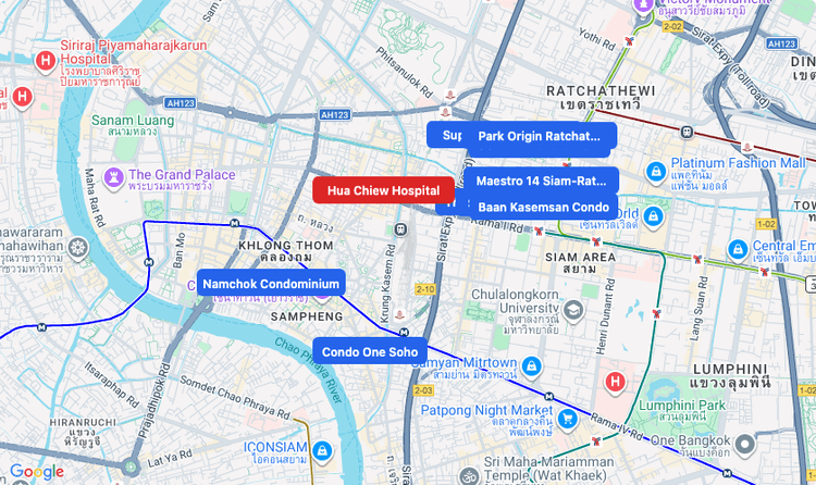 Screenshot of Hua Chiew Hospital (hospital) area showing nearby condos and landmarks in Bangkok