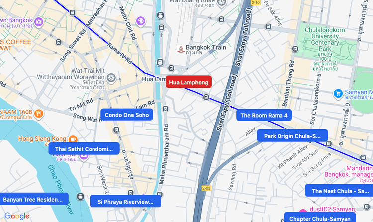 Screenshot of Hua Lamphong (MRT Blue) area showing nearby condos and landmarks in Bangkok