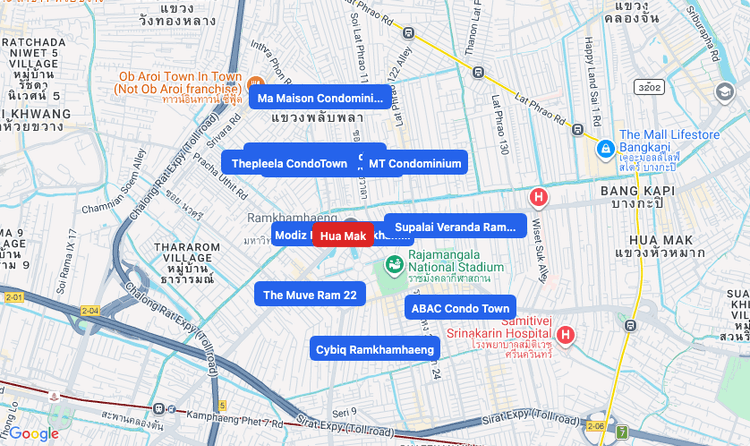 Screenshot of Hua Mak (area) area showing nearby condos and landmarks in Bangkok