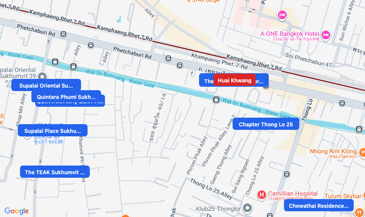Screenshot of Huai Khwang (area) area showing nearby condos and landmarks in Bangkok