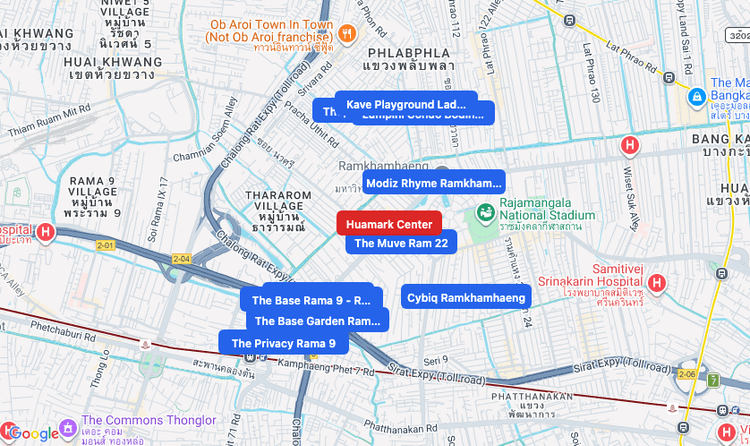 Screenshot of Huamark Center (shopping) area showing nearby condos and landmarks in Bangkok