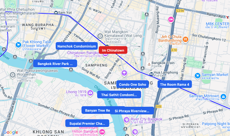 Screenshot of Im Chinatown (shopping) area showing nearby condos and landmarks in Bangkok