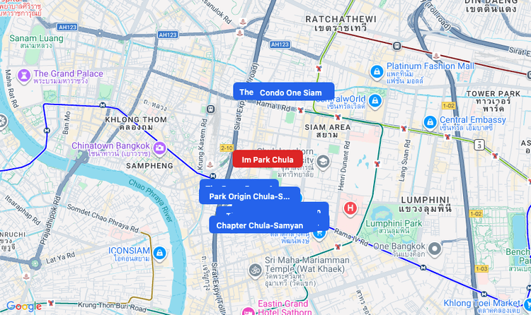 Screenshot of Im Park Chula (shopping) area showing nearby condos and landmarks in Bangkok