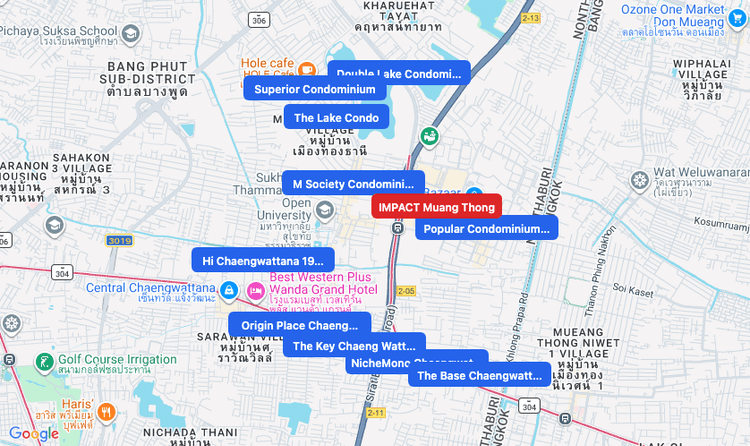 Screenshot of IMPACT Muang Thong (shopping) area showing nearby condos and landmarks in Bangkok