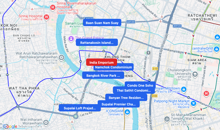 Screenshot of India Emporium (shopping) area showing nearby condos and landmarks in Bangkok