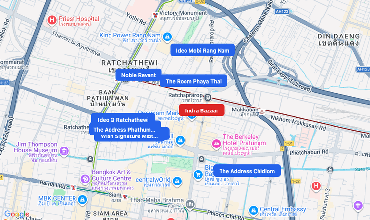 Screenshot of Indra Bazaar (shopping) area showing nearby condos and landmarks in Bangkok