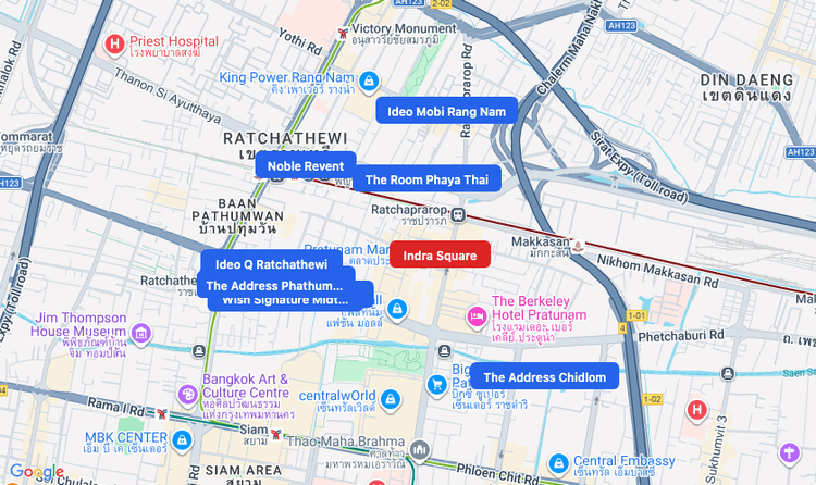 Screenshot of Indra Square (shopping) area showing nearby condos and landmarks in Bangkok