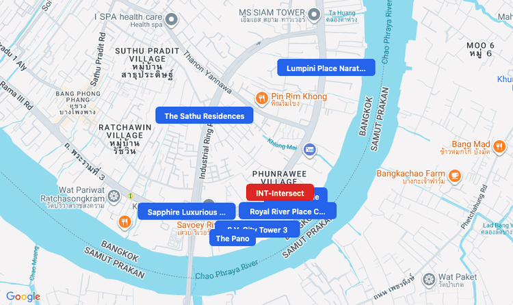 Screenshot of INT-Intersect (shopping) area showing nearby condos and landmarks in Bangkok