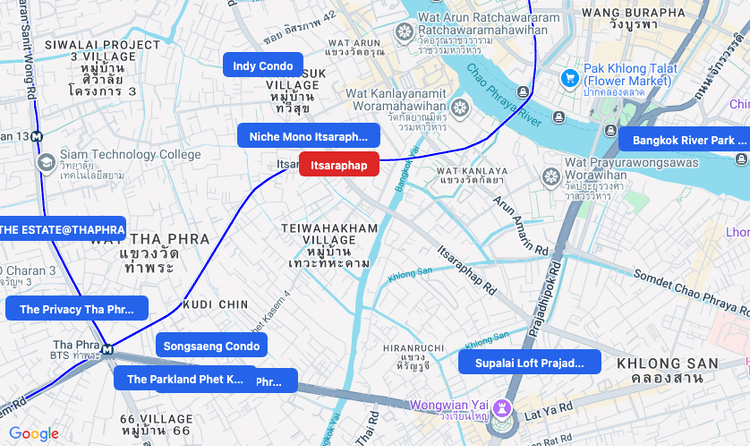 Screenshot of Itsaraphap (MRT Blue) area showing nearby condos and landmarks in Bangkok