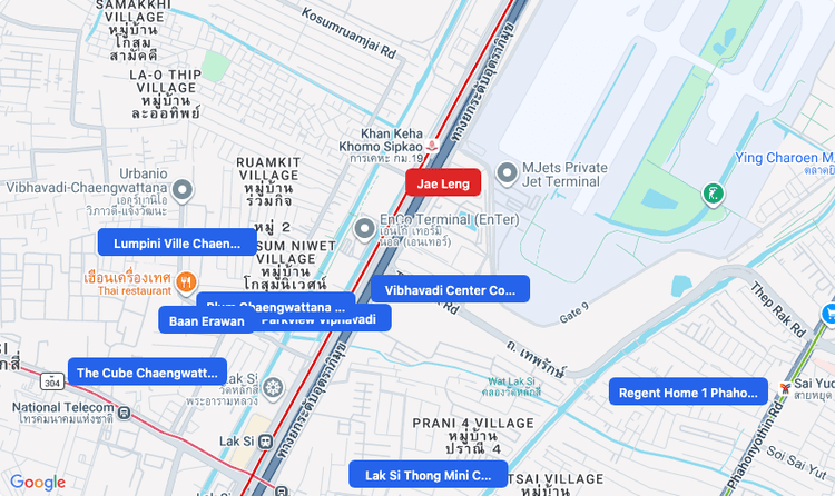 Screenshot of Jae Leng (shopping) area showing nearby condos and landmarks in Bangkok