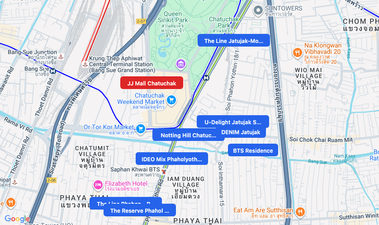 Screenshot of JJ Mall Chatuchak (shopping) area showing nearby condos and landmarks in Bangkok