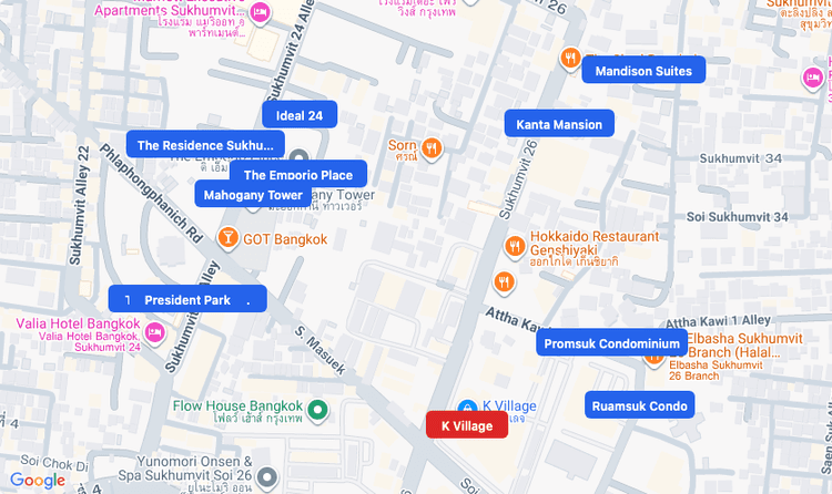 Screenshot of K Village (shopping) area showing nearby condos and landmarks in Bangkok
